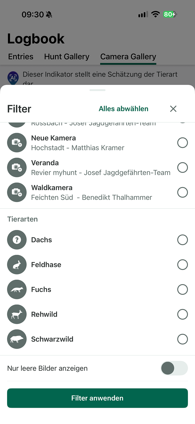 Aufnahmen in MyHunt nach Tierart filtern