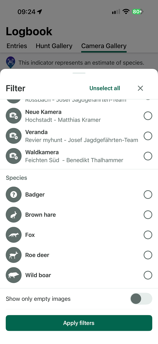 Filtering captures by species in MyHunt